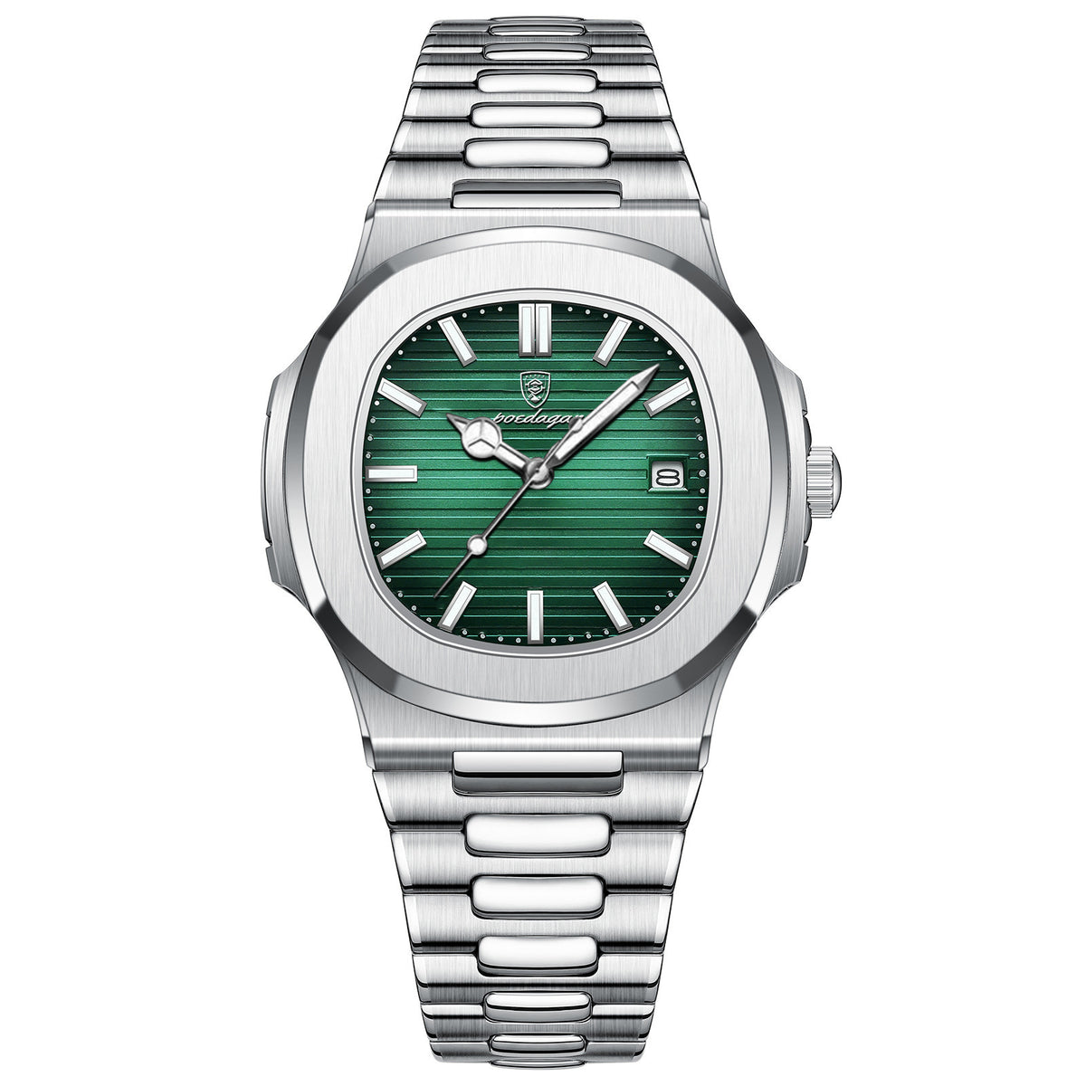 a silver and green watch