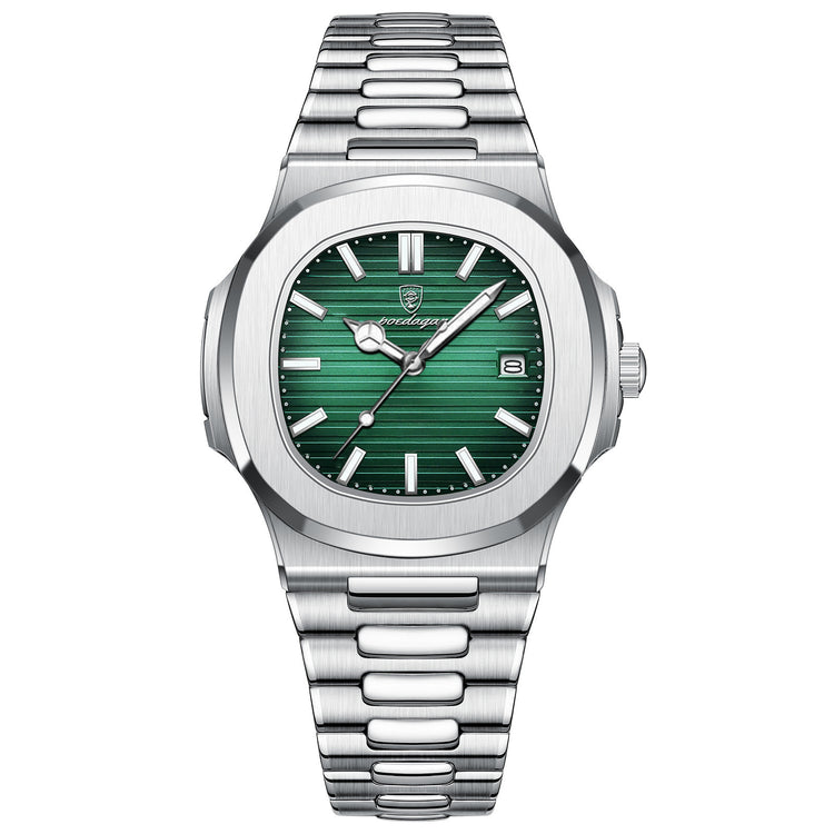 a silver and green watch