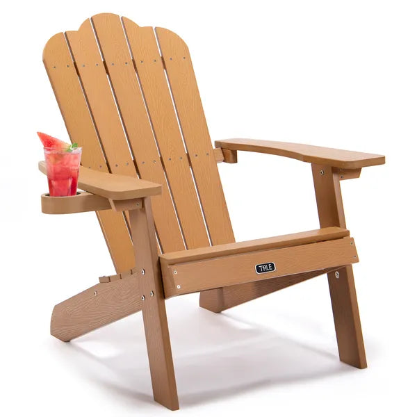a wooden chair with a drink on the side