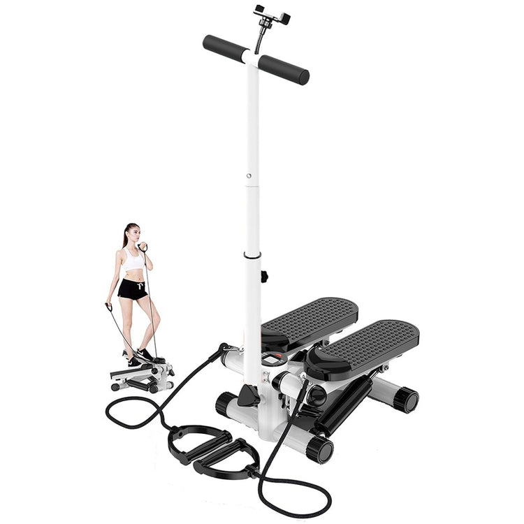 a woman standing next to a step machine