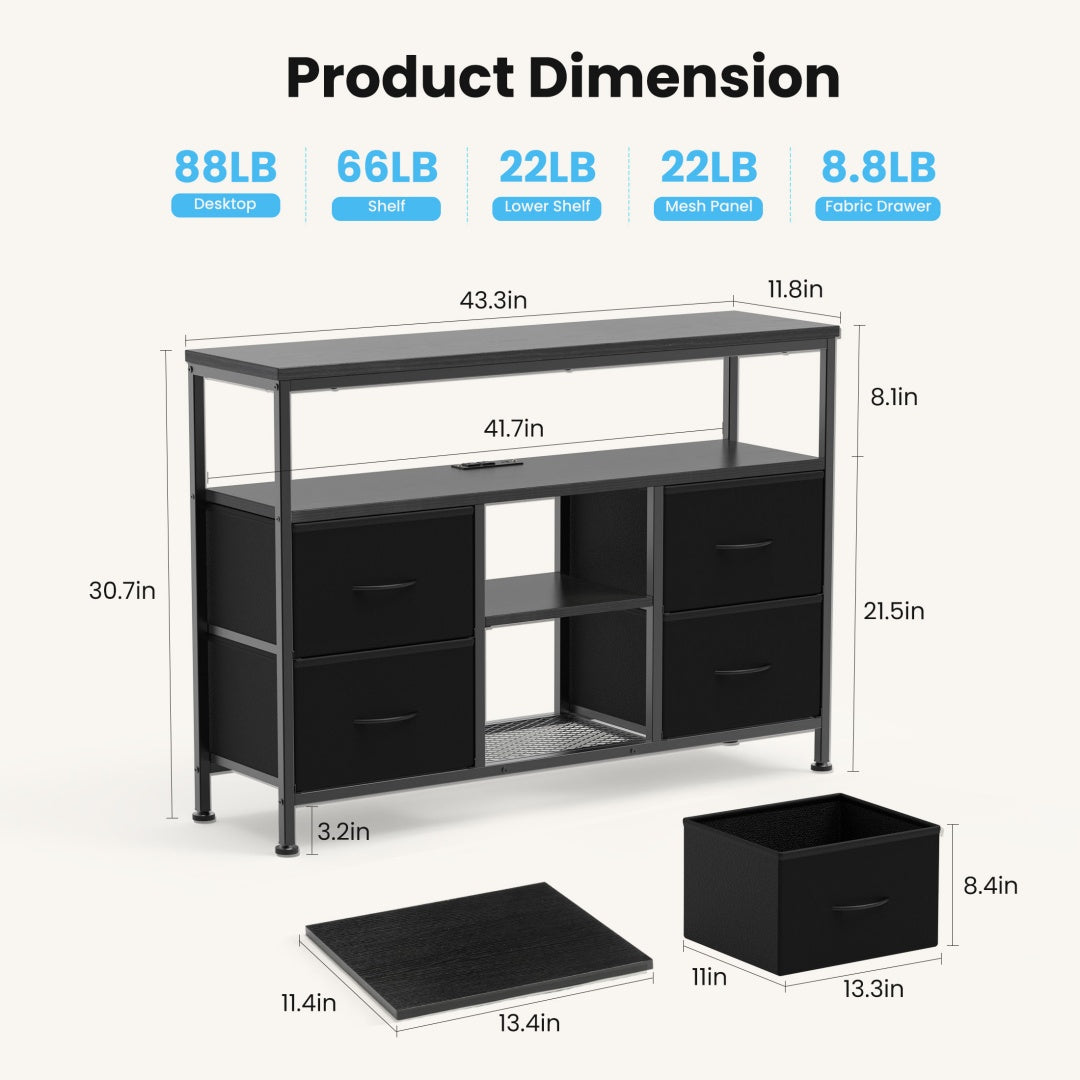 TV Stand, 4 Drawers, With LED Lights And Power Sockets, 50-inch TV Living Room Furniture, With Open Shelves And Adjustable Feet