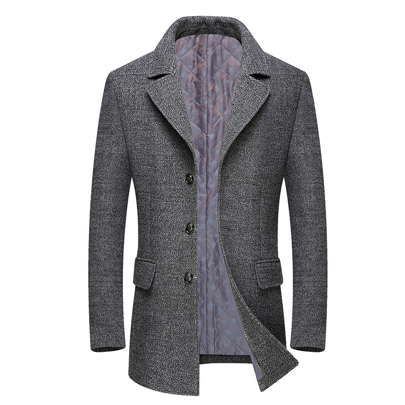 a grey coat with a blue lining