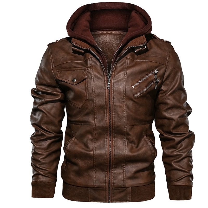 a brown leather jacket with a hood