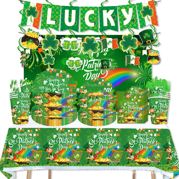 a table with a tablecloth and a banner