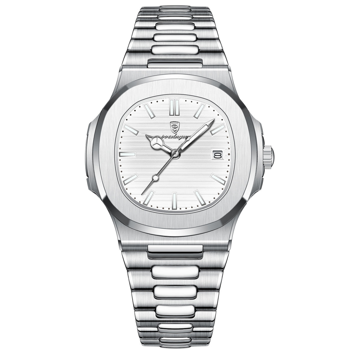 a silver watch with a white face