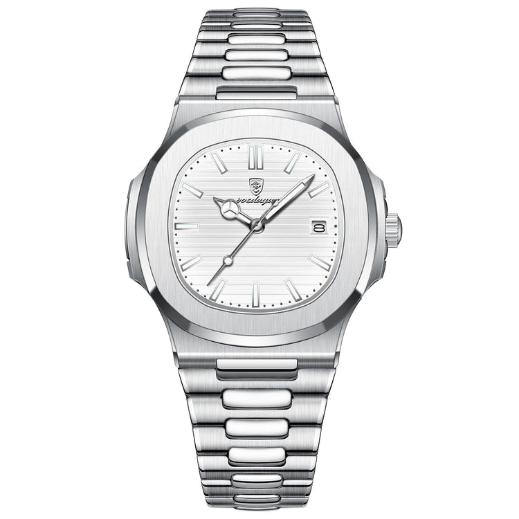 a silver watch with a white face