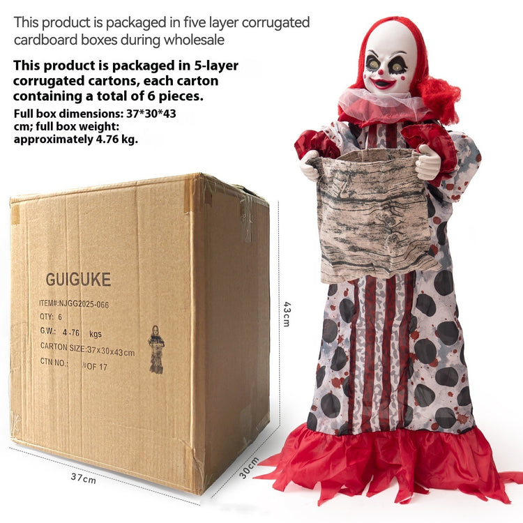 a clown doll with a bag of cardboard boxes