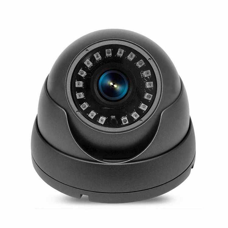 a black round camera with a blue lens