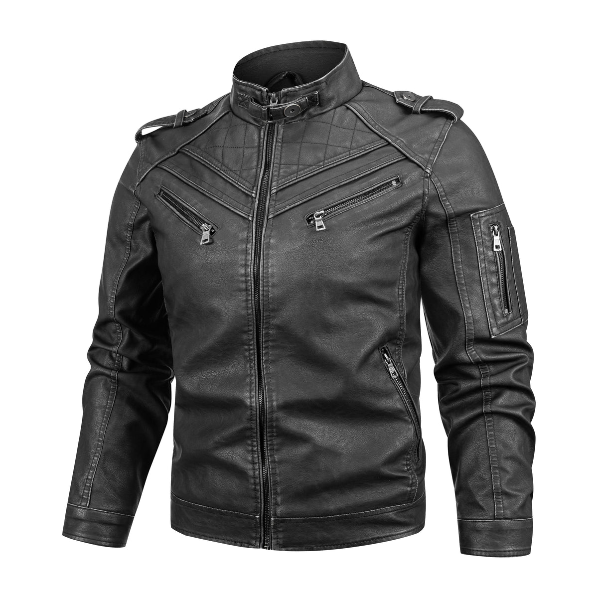 a black leather jacket with zippers