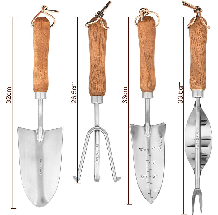 a row of gardening tools with measurements