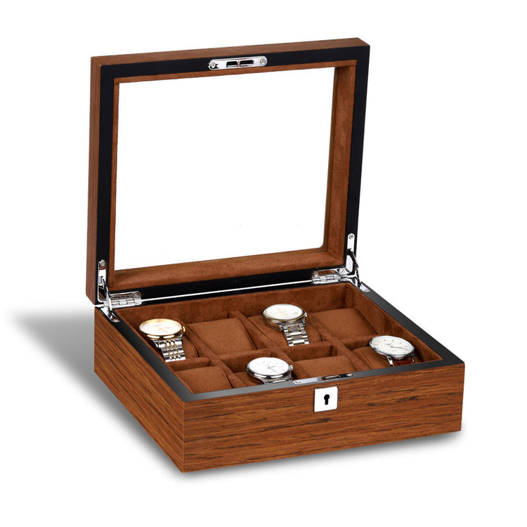 a wooden box with several watches