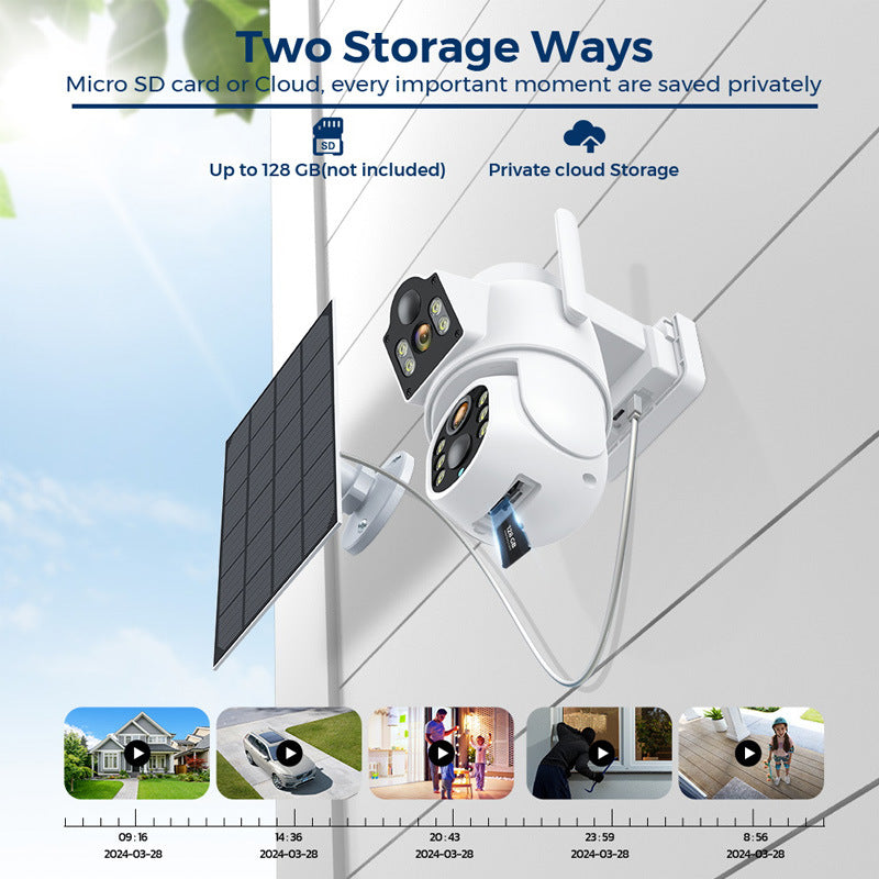 a white camera with a solar panel attached to a wall