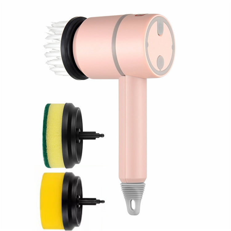 a pink hair dryer with a round brush and a yellow sponge