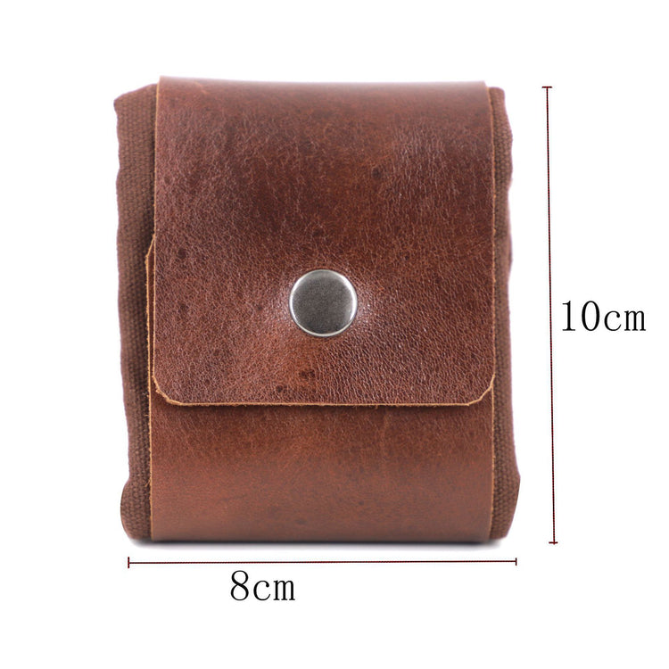 a brown leather wallet with a silver button