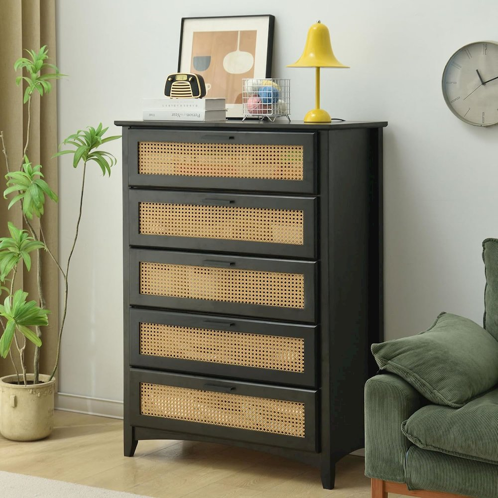 Woodpeckers Furniture And Mattress Pine Wood Chest with Rattan Drawers (Black)