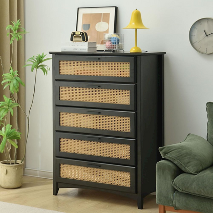 Woodpeckers Furniture And Mattress Pine Wood Chest with Rattan Drawers (Black)