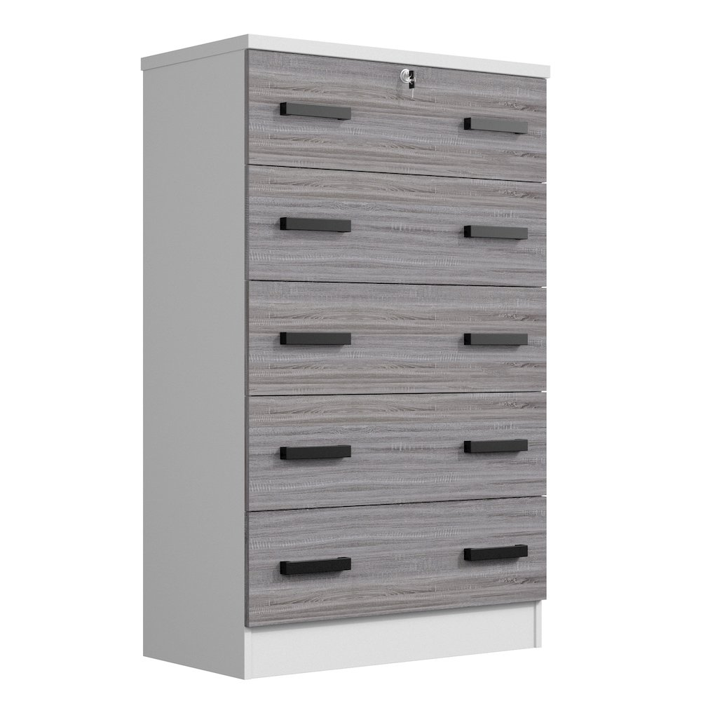 Cindy 5 Drawer Chest Wooden Dresser with Lock (White & Grey)