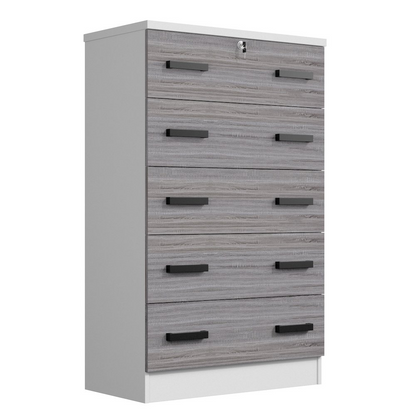 Cindy 5 Drawer Chest Wooden Dresser with Lock (White & Grey)