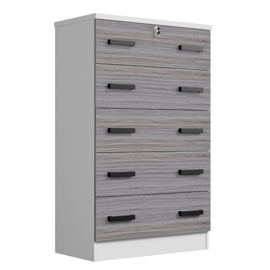Cindy 5 Drawer Chest Wooden Dresser with Lock (White & Grey)