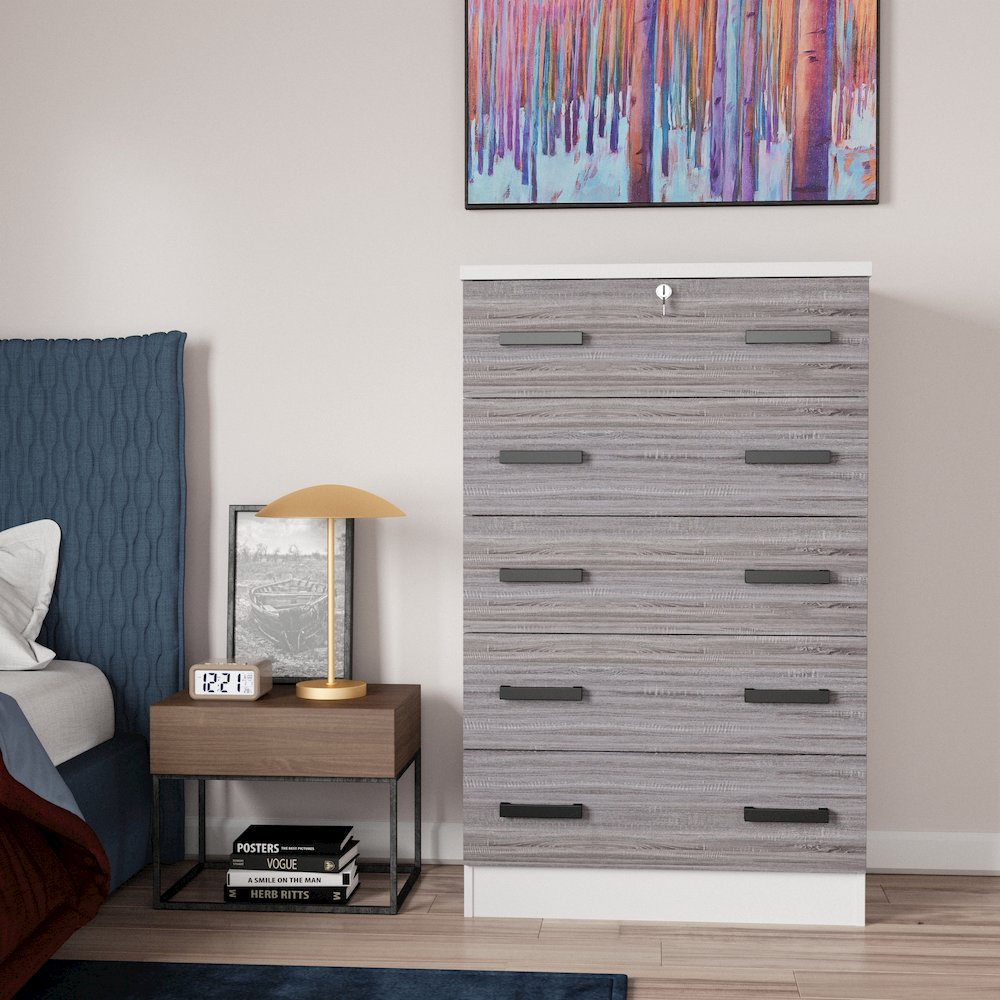 Cindy 5 Drawer Chest Wooden Dresser with Lock (White & Grey)