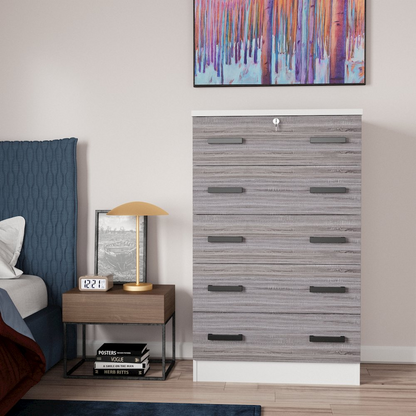 Cindy 5 Drawer Chest Wooden Dresser with Lock (White & Grey)