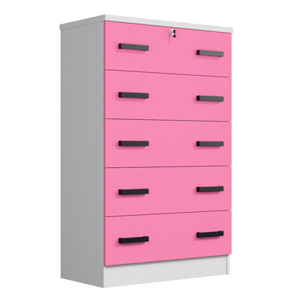 Cindy 5 Drawer Chest Wooden Dresser with Lock (White and Pink)