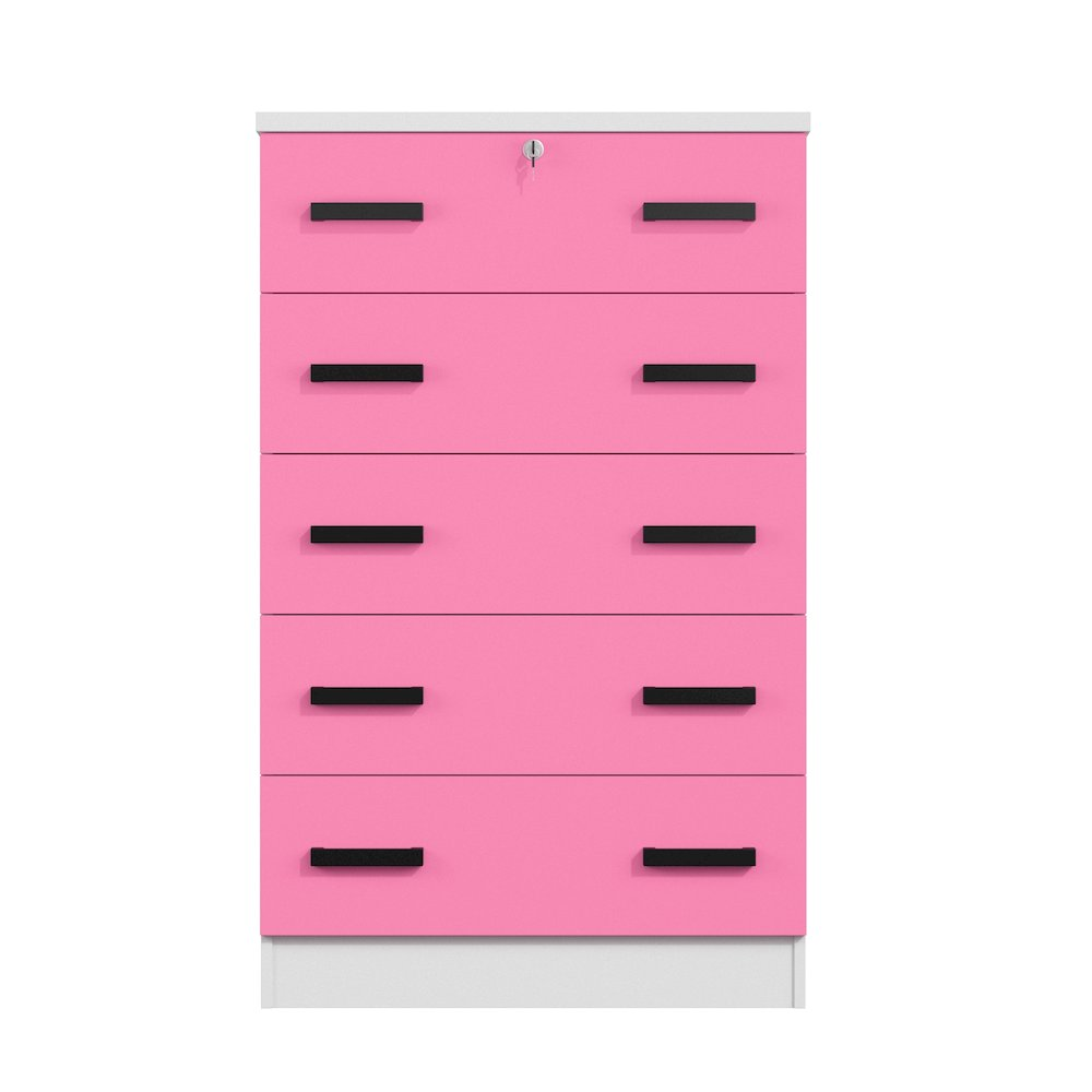 Cindy 5 Drawer Chest Wooden Dresser with Lock (White and Pink)