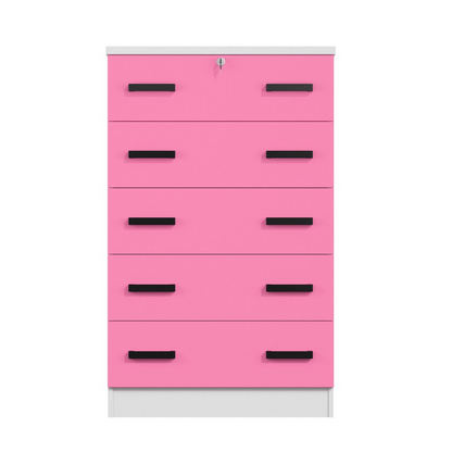 Cindy 5 Drawer Chest Wooden Dresser with Lock (White and Pink)