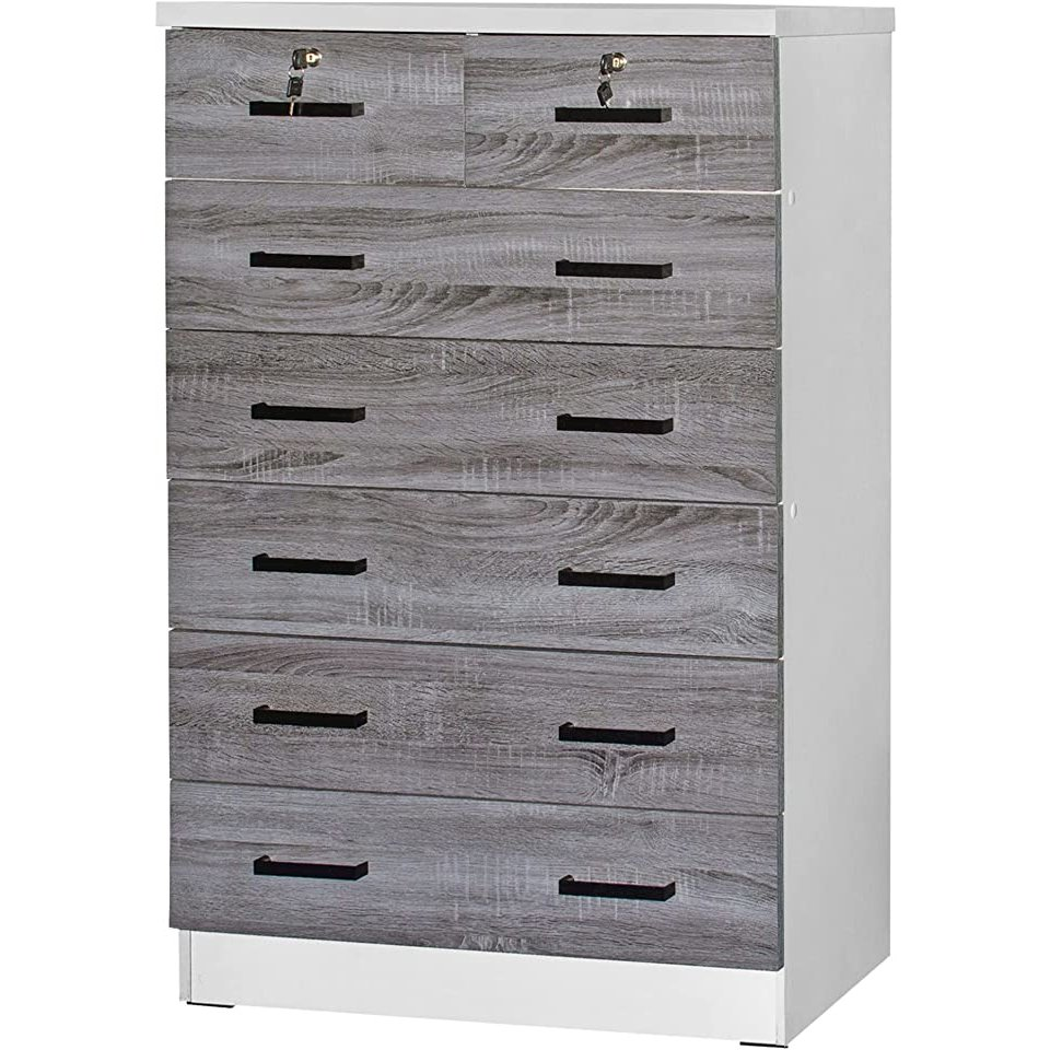 7 Drawer Chest Wooden Dresser with Lock (Gray + White)