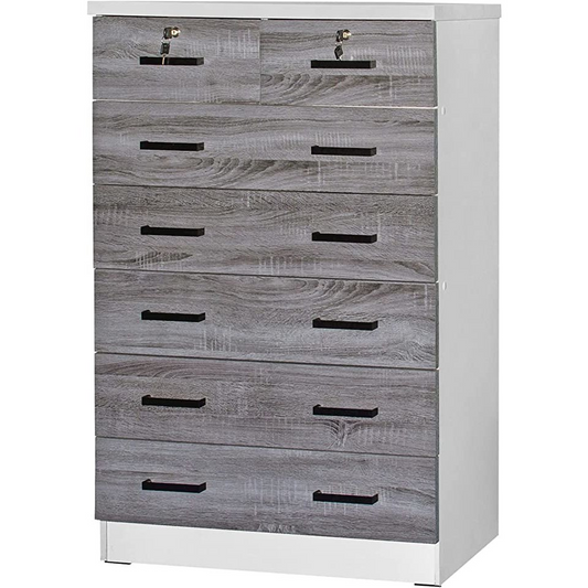 7 Drawer Chest Wooden Dresser with Lock (Gray + White)