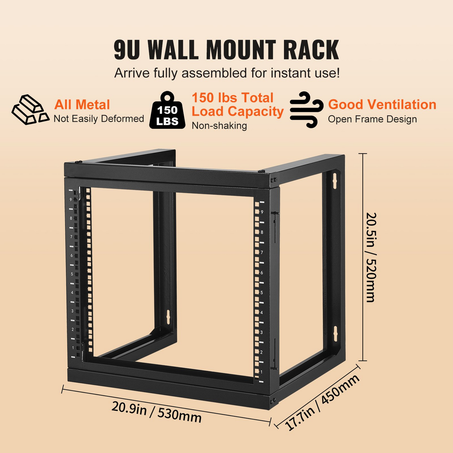 VEVOR 9U Wall Mount Rack 150 lbs/68.04 kg Open Frame Server Network Rack Black