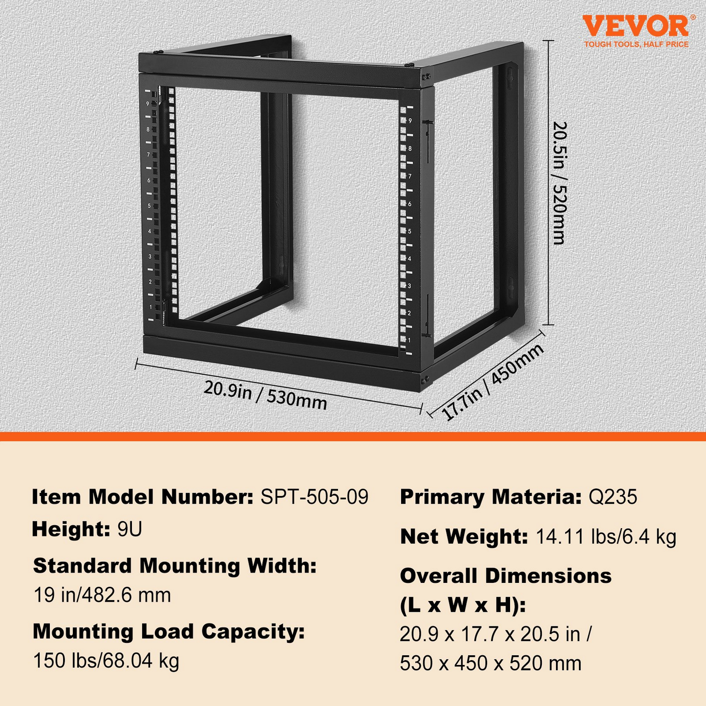 VEVOR 9U Wall Mount Rack 150 lbs/68.04 kg Open Frame Server Network Rack Black