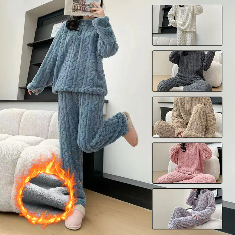 a collage of a woman wearing a blue pajamas