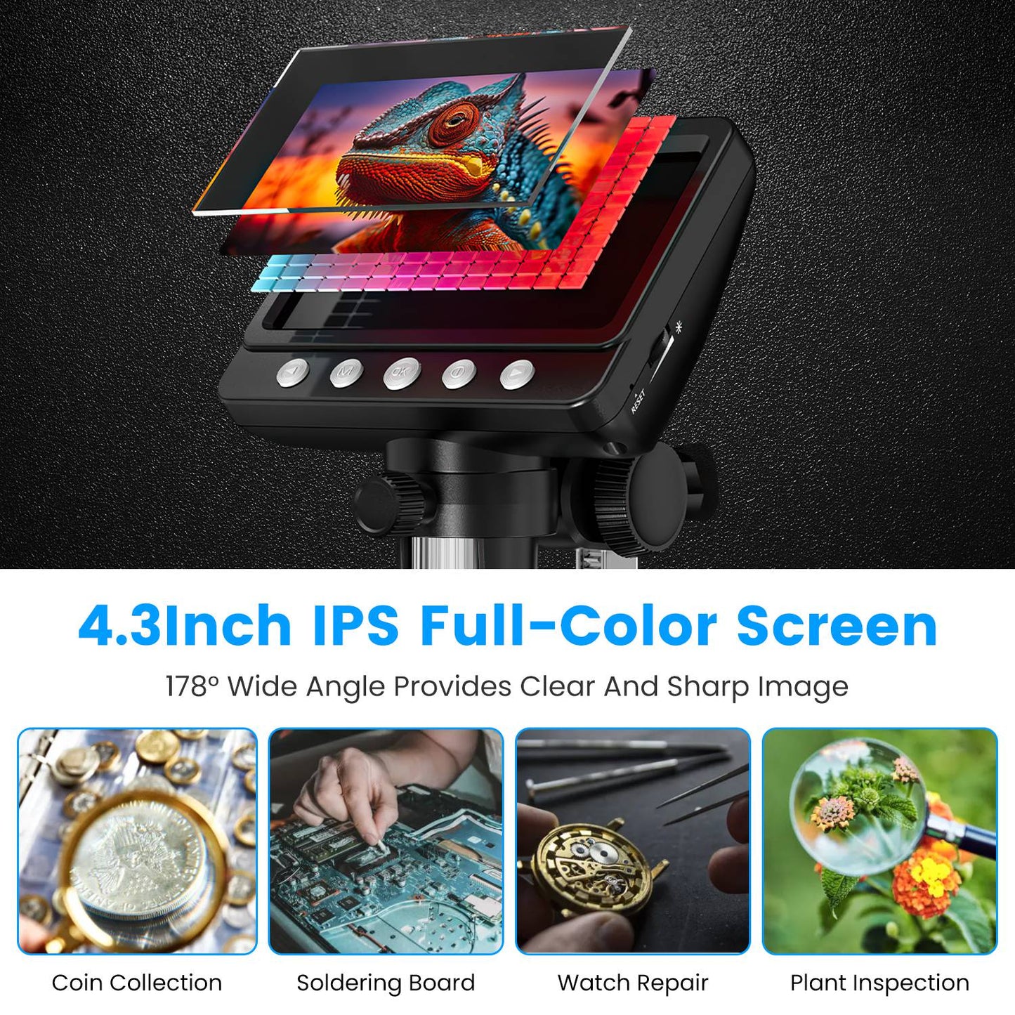 1Pc 4.3Inch LCD Digital Microscope 1,000X 1080P Photo Video Error Coin Magnifier With 8 Dimmable LED Lights PC Views Compatible With MacOS Windows Included 32GB Card