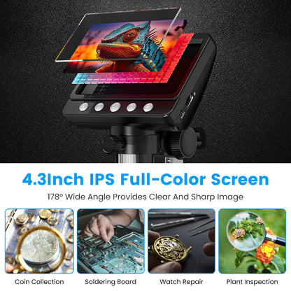1Pc 4.3Inch LCD Digital Microscope 1,000X 1080P Photo Video Error Coin Magnifier With 8 Dimmable LED Lights PC Views Compatible With MacOS Windows Included 32GB Card