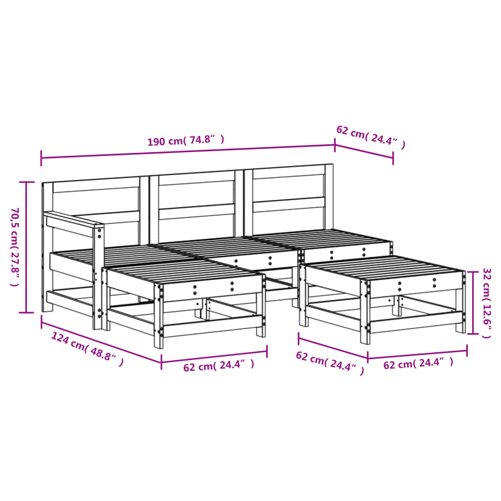 vidaXL 5 Piece Patio Lounge Set White Solid Wood Pine