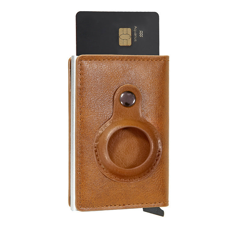 a brown leather wallet with a card in it