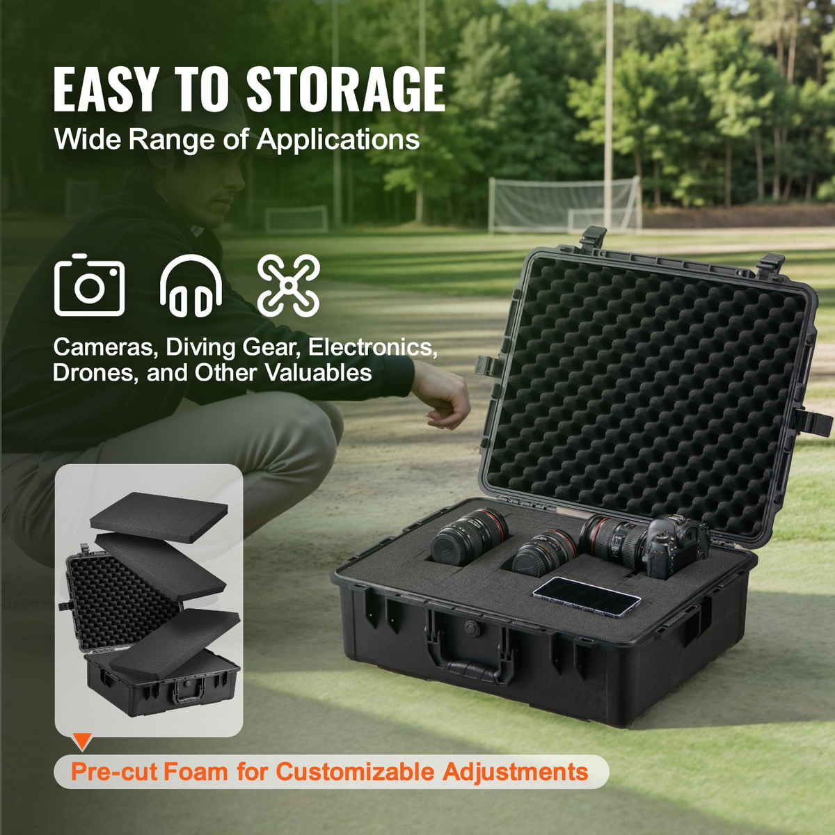 a person sitting on a field with a black case with a camera lens