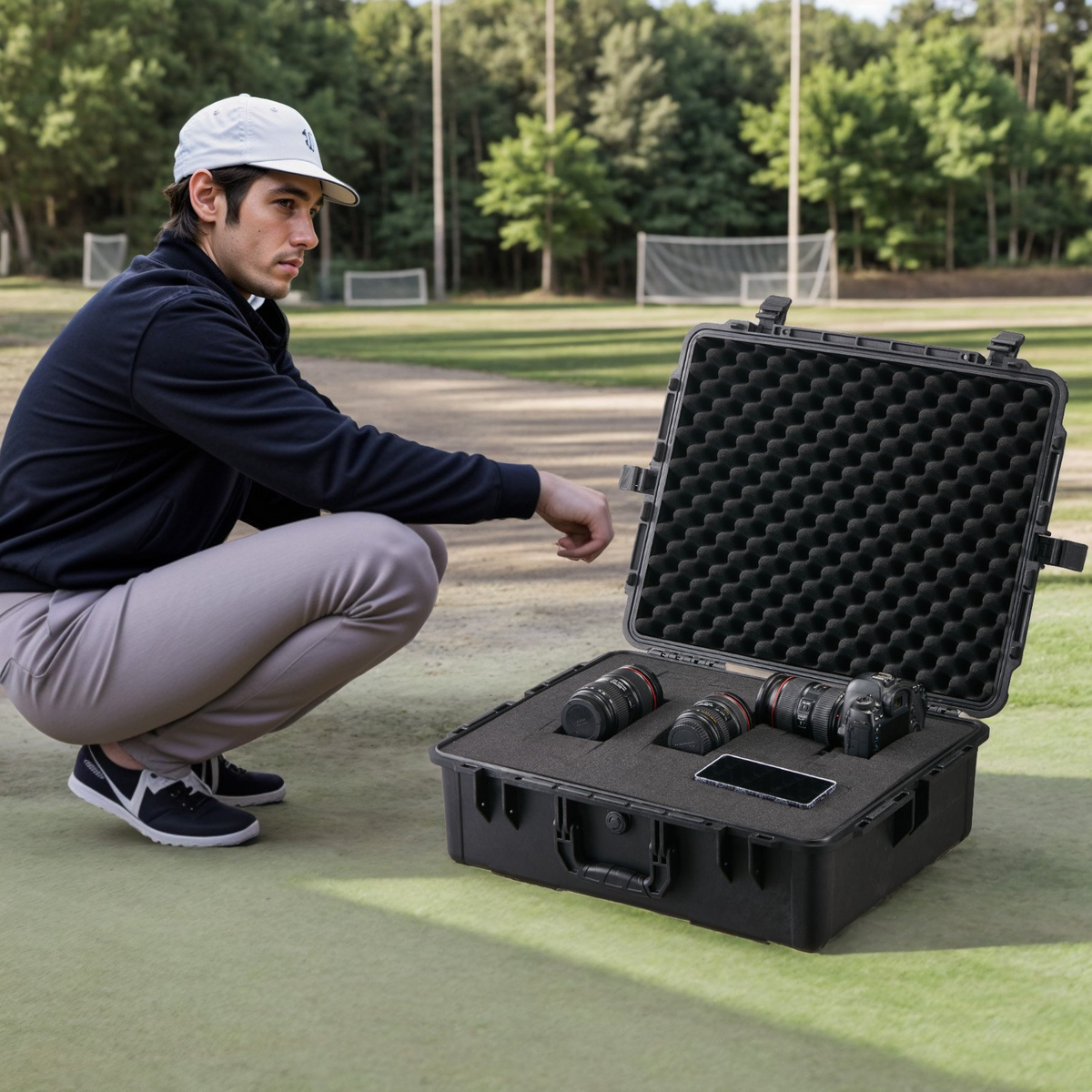 a man kneeling next to a case with camera lenses
