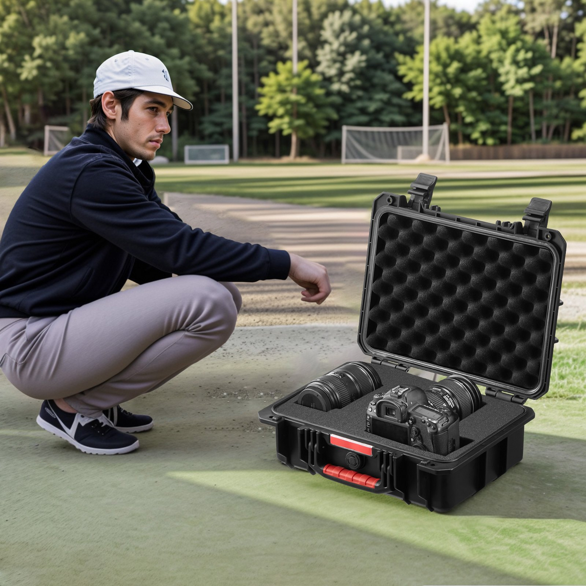 a man kneeling next to a case with camera lenses