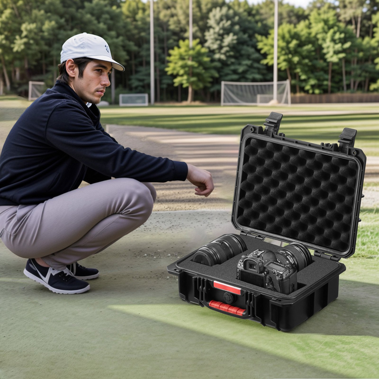 a man kneeling next to a case with camera lenses