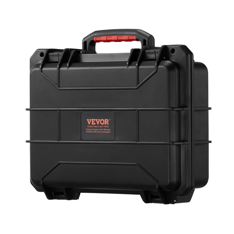 a black plastic case with red handle