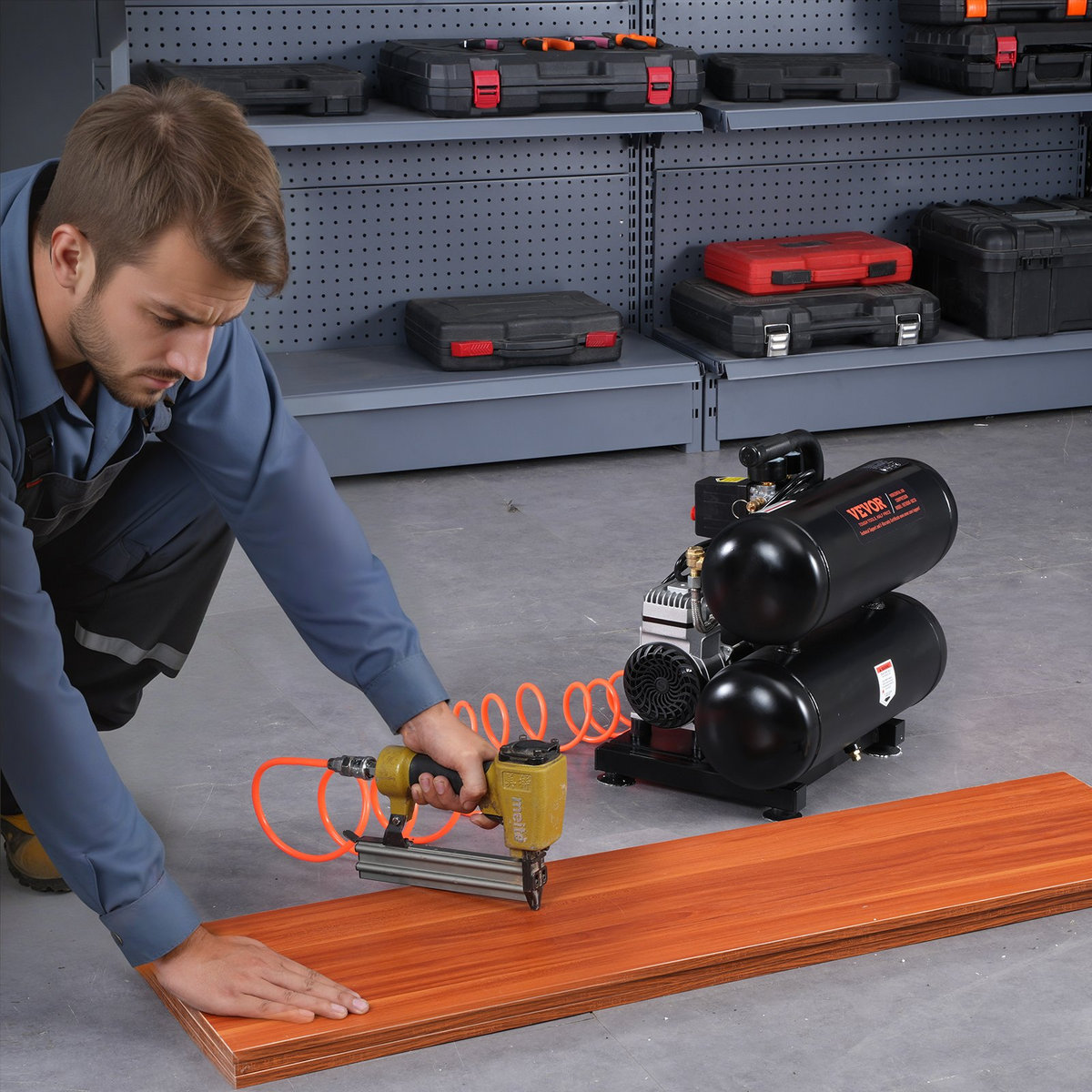 a man using a nail gun to use a wood plank