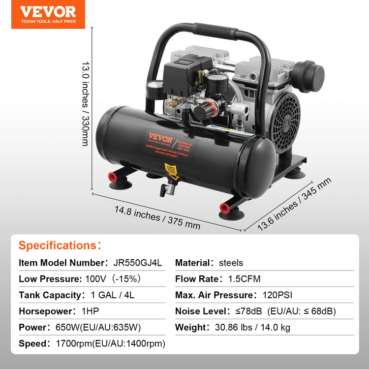 a black and silver air compressor with a handle