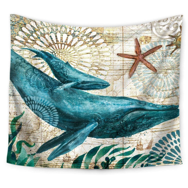 a blue whale and starfish on a map