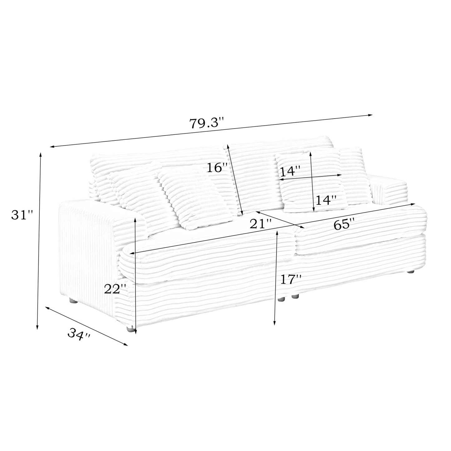79.3 inches long, Corduroy Sofa, with 4 Matching Toss Pillows Sleek Design Spacious and Comfortable 3 Seater Couch for Modern Living Room,WHITE