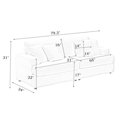 79.3 inches long, Corduroy Sofa, with 4 Matching Toss Pillows Sleek Design Spacious and Comfortable 3 Seater Couch for Modern Living Room,WHITE