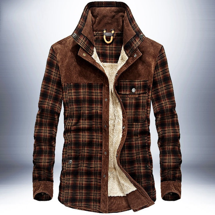 a brown and black plaid jacket