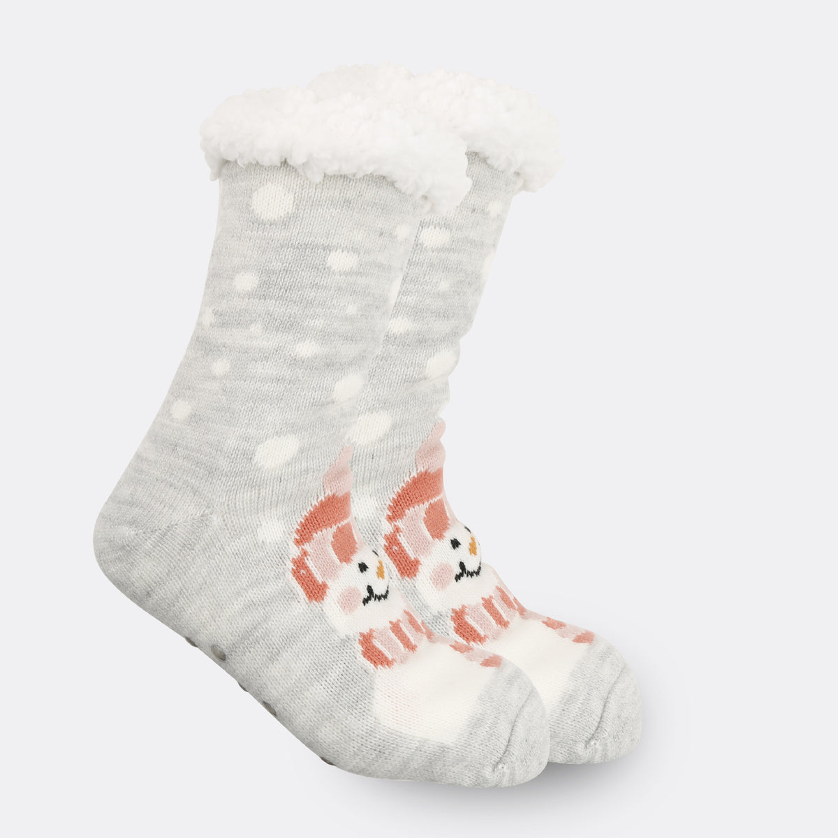 a pair of socks with snowman designs