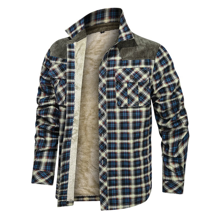 a blue and white plaid jacket